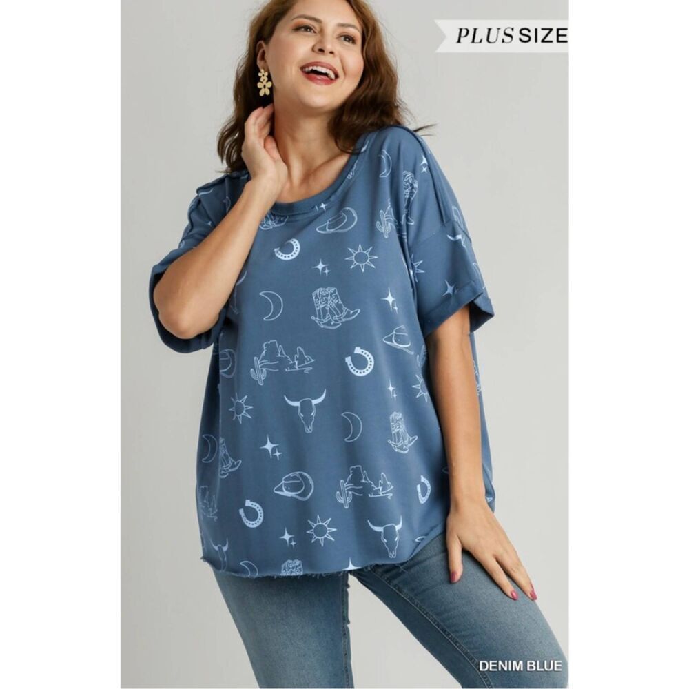 Umgee Boxy Cut Round Neck French Terry Top with Frayed Hem NWT Western Horseshoe